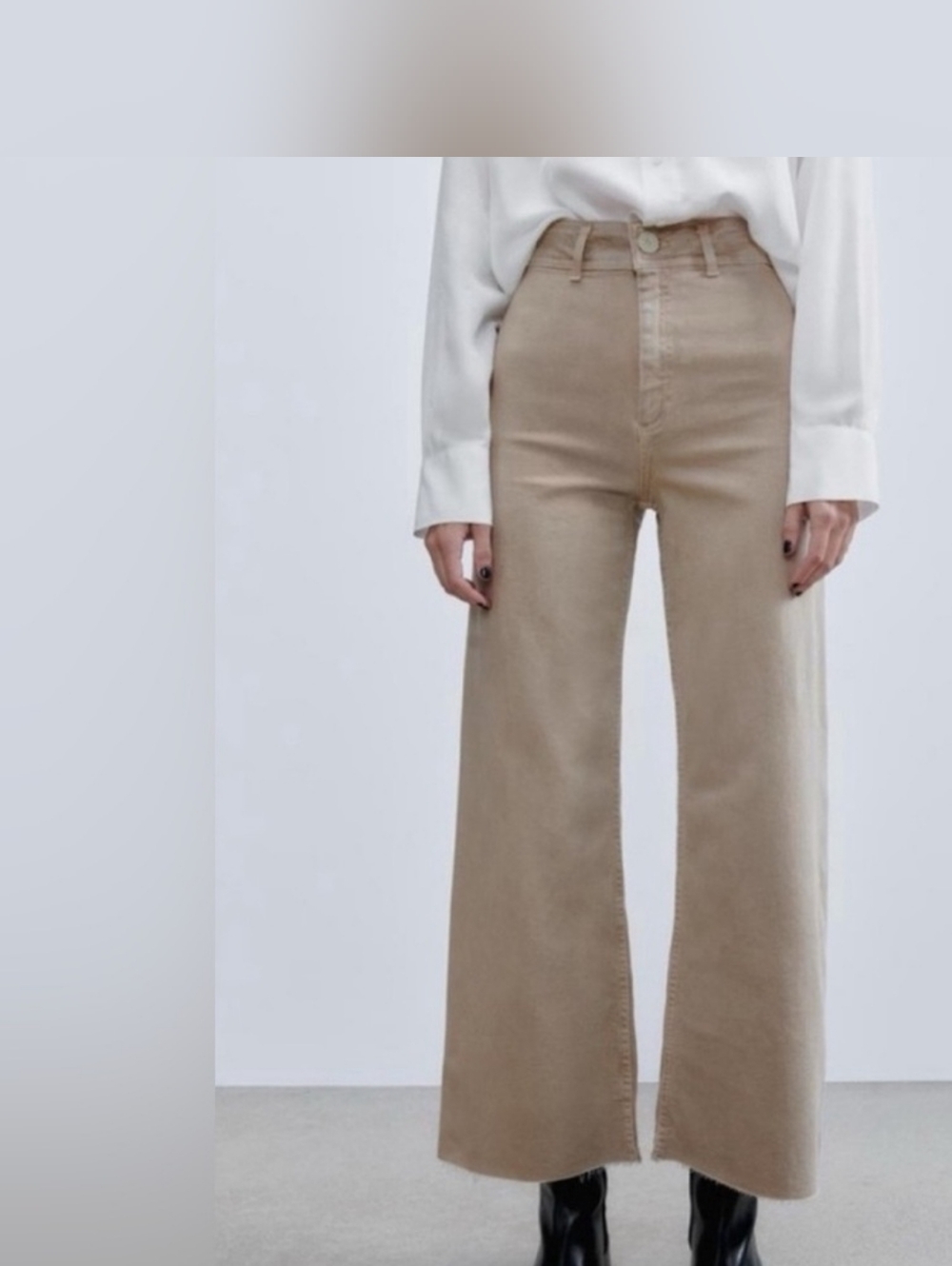 ZARA Marine Straight Patch Pocket Jean Sz 8 Wide Leg Raw Hem Beige Stone - Picture 4 of 14